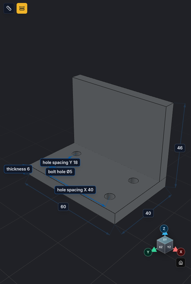 Mounting bracket in the kernelCAD viewer with dimensions on: overall size 60, 40 and 46, hole spacing X 40, hole spacing Y 18, thickness 6 and bolt hole Ø5
