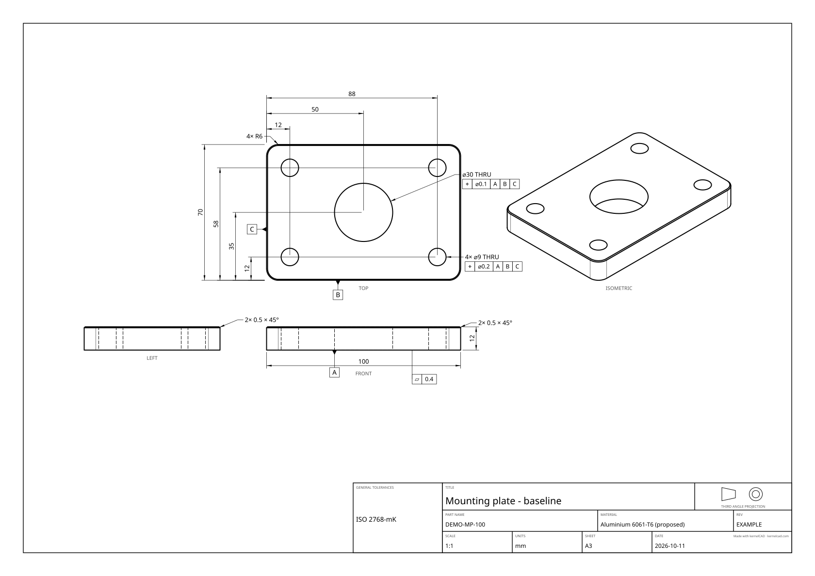 Mounting plate with baseline dimensions measured from a common origin