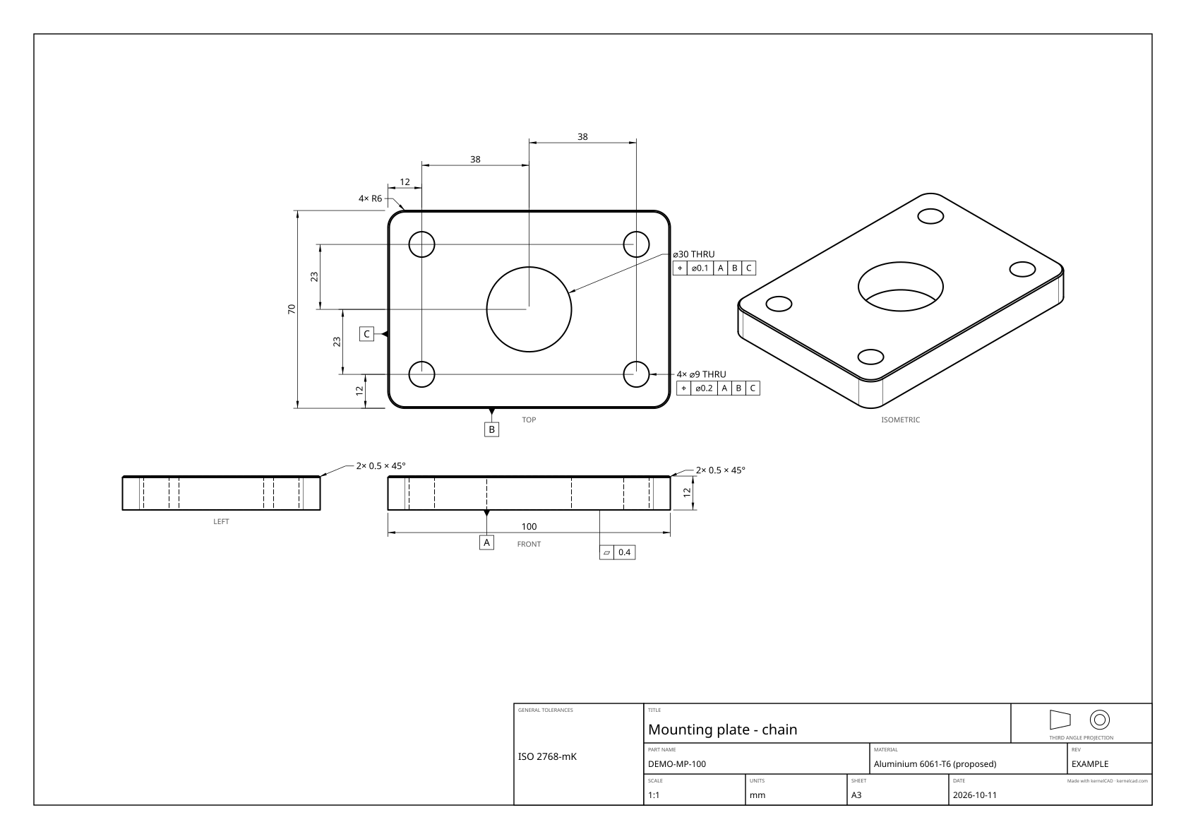 Mounting plate with chain dimensions between successive hole centres