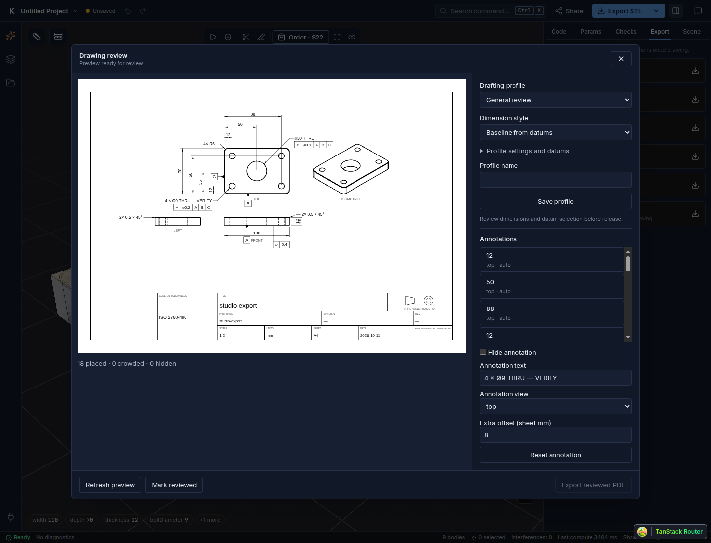Drawing review after editing the hole label and setting its extra offset to 8 mm