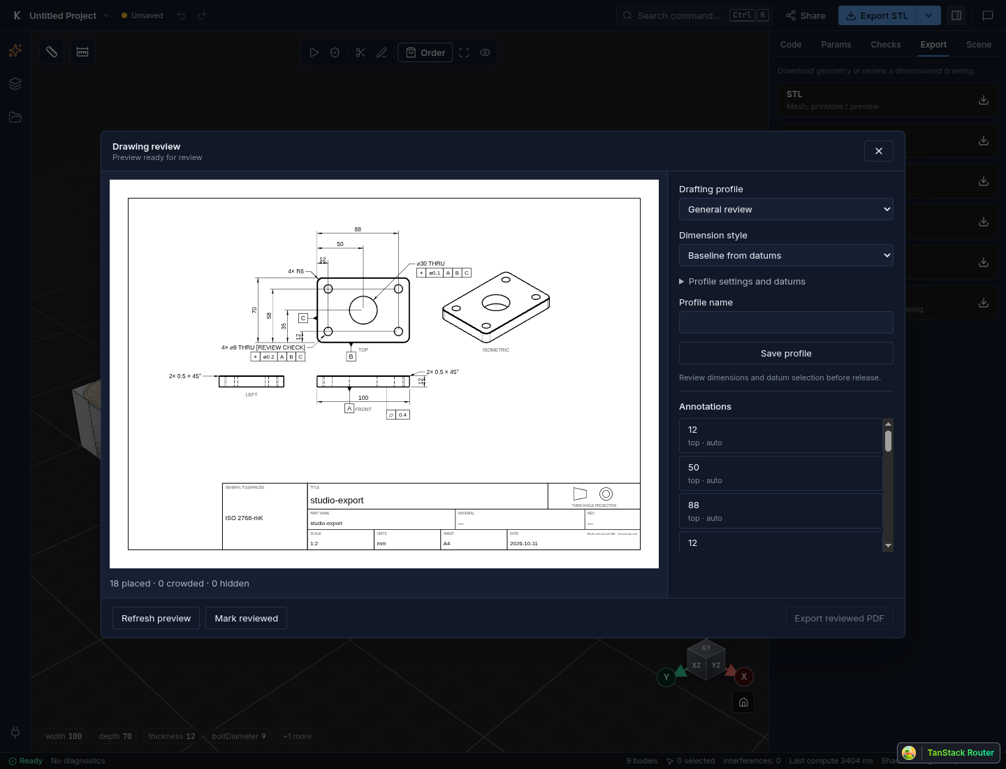 Studio Drawing review with the mounting plate preview and dimension-style selector