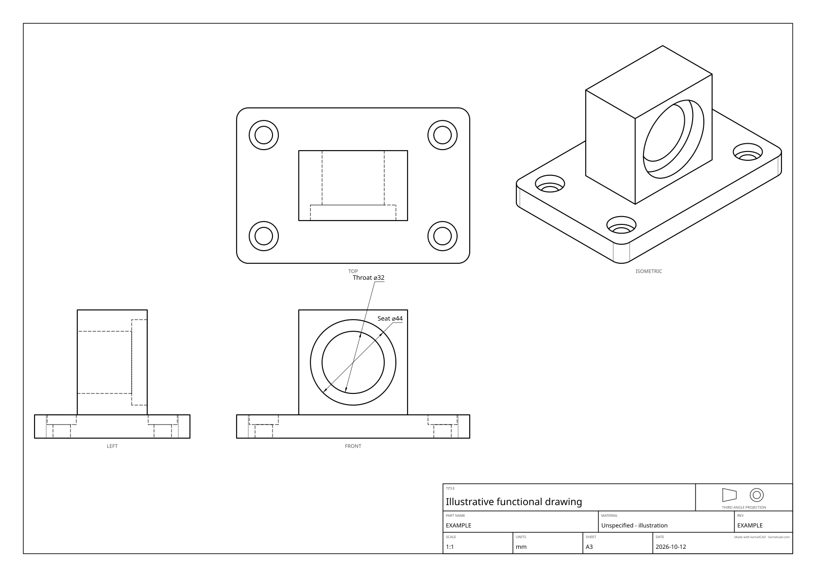 Bearing-mount drawing with separate measured Ø44 seat and Ø32 throat callouts
