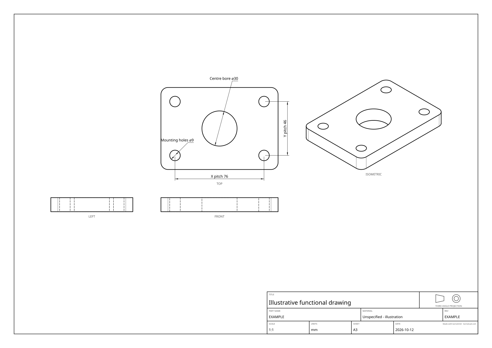 Fixture plate drawing with the X and Y pitches and two measured diameters