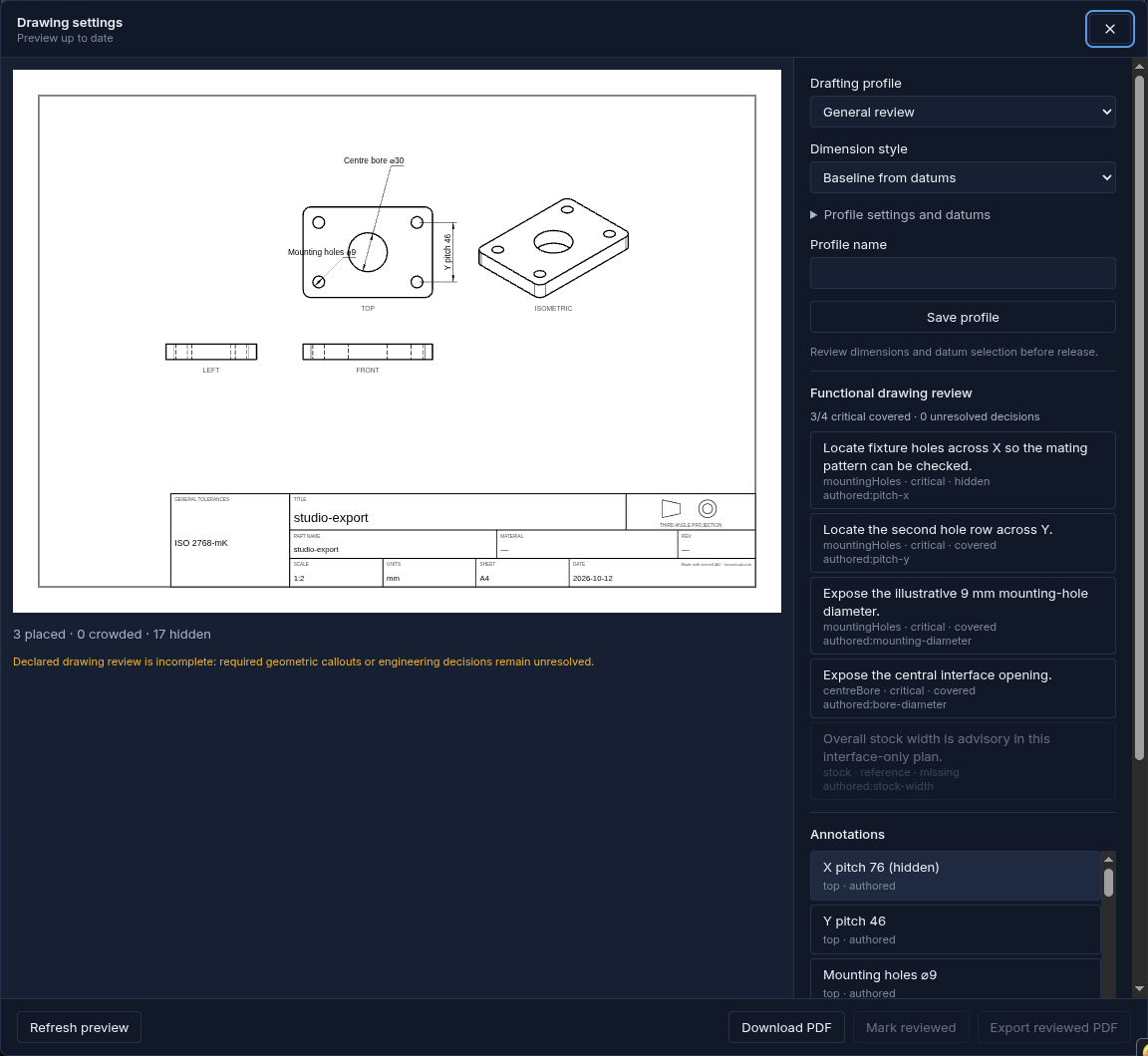Studio functional drawing review after hiding the X-pitch annotation